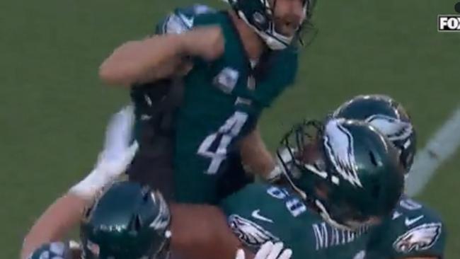 Jordan Mailata picked him up like it he weighed nothing. Photo: Twitter