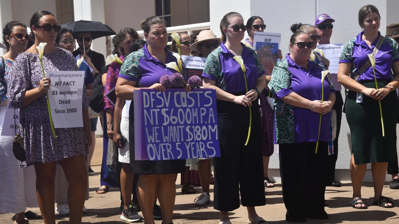 Top End Women's Legal Service representatives joined a Territory-wide day of action on Tuesday outside the NT parliament in Darwin calling for action to address chronic domestic violence rates.