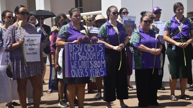 Top End Women's Legal Service representatives joined a Territory-wide day of action on Tuesday outside the NT parliament in Darwin calling for action to address chronic domestic violence rates.