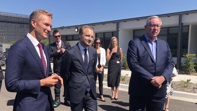 Pittwater MP and Planning Minister Rob Stokes, Manly state Liberal MP James Griffin and Health Minister and Wakehurst MP Brad Hazzard at Mona Vale Hospital. Picture: Julie Cross