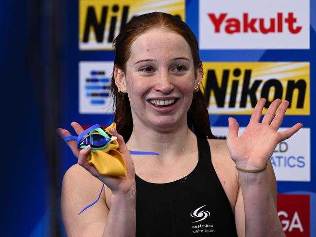 FUKUOKA, JAPAN - JULY 28: Mollie O'Callaghan of Team Australia celebrates winning gold in the Women's 100m Freestyle Final on day six of the Fukuoka 2023 World Aquatics Championships at Marine Messe Fukuoka Hall A on July 28, 2023 in Fukuoka, Japan. (Photo by Quinn Rooney/Getty Images)