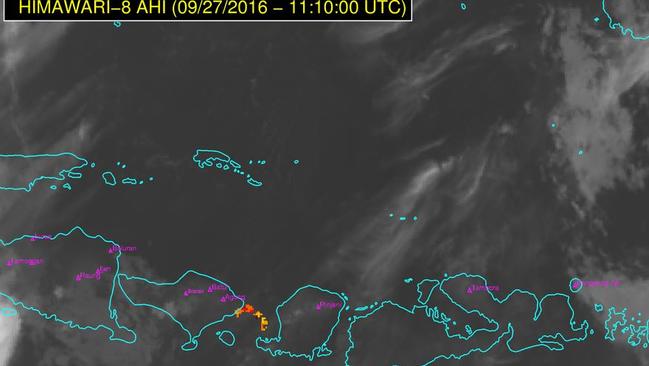 This composite satellite image shows a probable patch of volcanic ash, in red and orange, coming from Mt Rinjani on Tuesday. <a href="http://volcano.ssec.wisc.edu/imagery/view/#dirtree:default::sector:Lesser_Sunda_Islands_West_750_m::instr:all::sat:all::image_type:Ash_Probability::endtime:latest::daterange:480" target="_blank">Picture: NOAA</a>