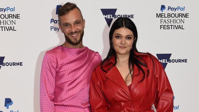Jamie Azzopardi and Xanthia Efthymiou make an entrance at Melbourne Fashion Festival. Picture: Josie Hayden