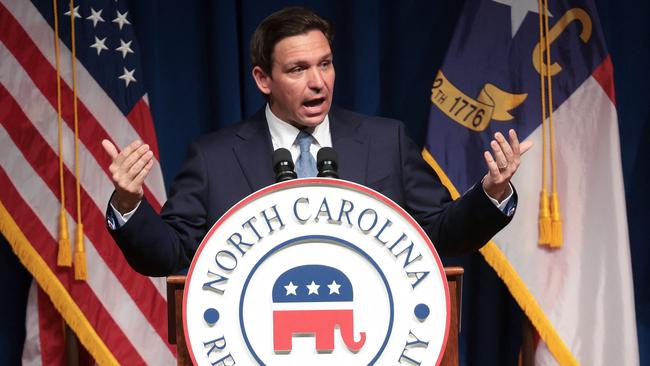 Ron DeSantis addresses the North Carolina Republican party’s annual convention. Picture: Getty Images via AFP.