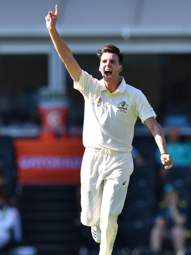 Jhye Richardson celebrates the wicket of Dhananjaya de Silva of Sri Lanka during day one of the First Test match between Australia and Sri Lanka.