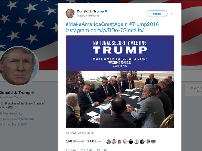 This photo posted on President Donald Trump’s Twitter account in March last year shows George Papadopoulos, third from left, at a table with then-candidate Trump and others at what was labelled at a national security meeting in Washington. Picture: AP