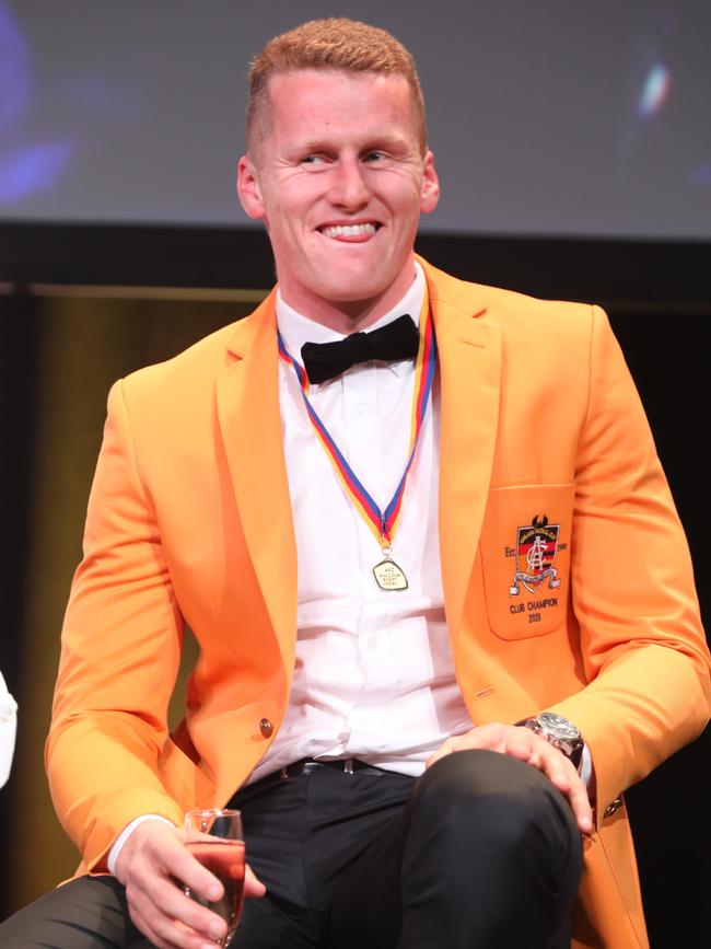 Reilly O’Brien tries on his first gold jacket after winning Adelaide’s Malcolm Blight Medal. Picture: Dean Martin.