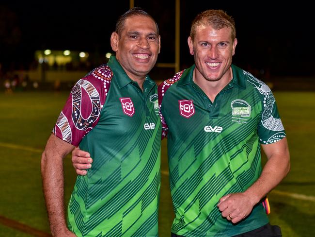 Ipswich rugby league great Dean Daylight shares the historic occasion with Ipswich All Stars coach Scott Ireland. Picture: Bruce Clayton