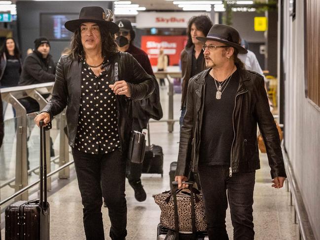 Paul Stanley (left) and Eric Singer upon arrival at Melbourne Airport to begin the Australian leg of the End of the Road Tour. Picture: Jake Nowakowski