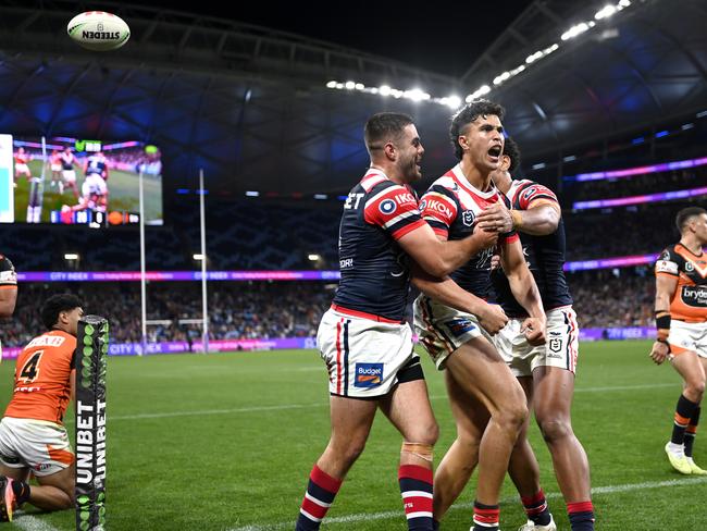 NRL 2023 RD26 Sydney Roosters v Wests Tigers – Joseph-Aukuso Suaalii, Try Celebration NRL PHOTOS