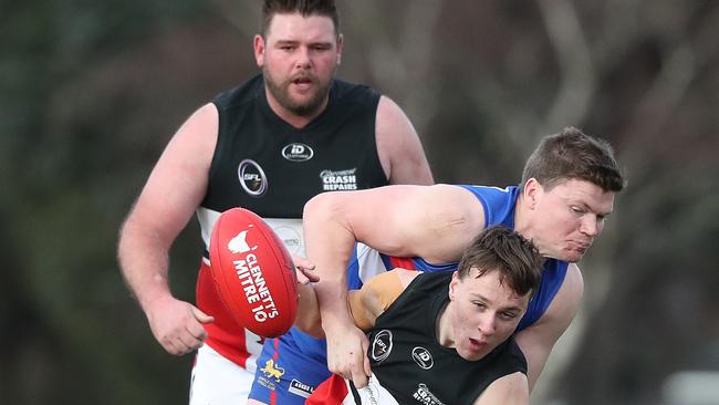 SFL. Riley Triffett New Norfolk and James McIndoe Huonville Lions. Huonville Lions V New Norfolk. Picture: Nikki Davis-Jones