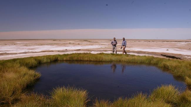 Former premier Mike Rann inspects the Blanche Cup mound spring at Coward Springs with Roger Higgins, Vice President and Chief Operating Officer of BHP Billiton Base Metals in 2005.