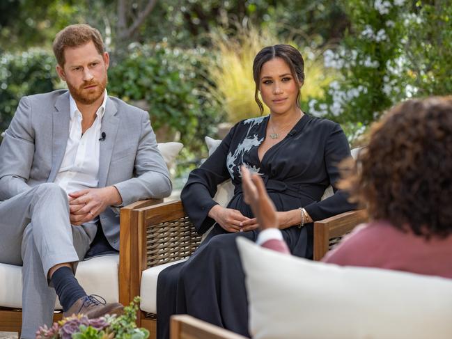 Oprah Winfrey interviews Prince Harry and Meghan Markle. Picture: Harpo Productions/Joe Pugliese via Getty Images