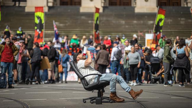 ‘Freedom rally’ protesters at the Victorian state parliament in Melbourne’s CBD. Picture: Jason Edwards