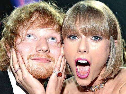 TWAM-20160305 EMBARGO FOR TWAM 5 March 2016 NO REUSE WITHOUT PERMISSION FEE APPLIES Taylor Swift with Ed Sheeran at Grammy Awards 2016 Pic: Getty Images