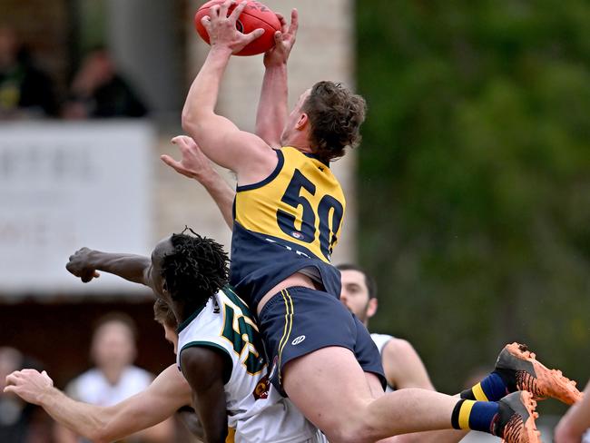 Joel Naylor flies high for Hurstbridge. Picture: Andy Brownbill