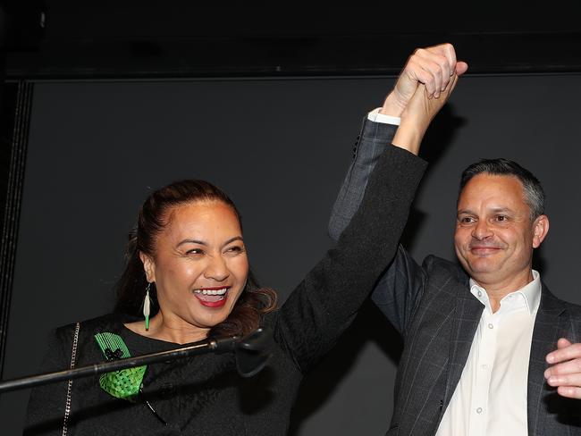 Greens Party Co-Leader Marama Davidson and Co-Leader James Shaw greet supporters during the Greens Party Election Function. Picture: Getty Images.