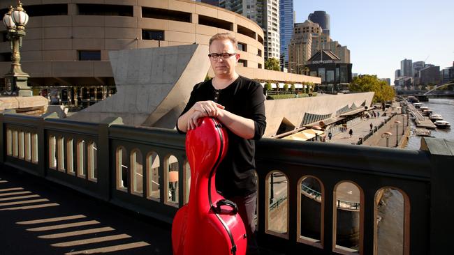 Cellist Timo-Veikko Valve outside Hamer Hall in Melbourne. Picture: Stuart McEvoy.