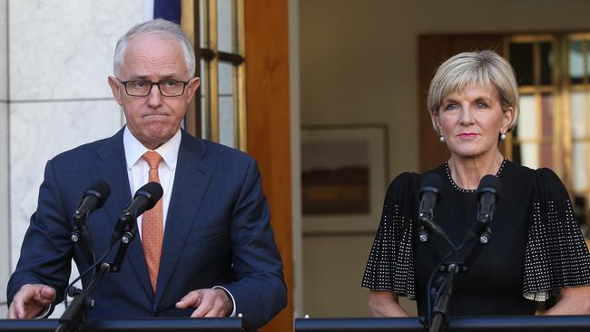 Prime Minister Malcolm Turnbull and Minister for Foreign Affairs Julie Bishop announce the expulsion of two Russian officials yesterday. Picture: Kym Smith