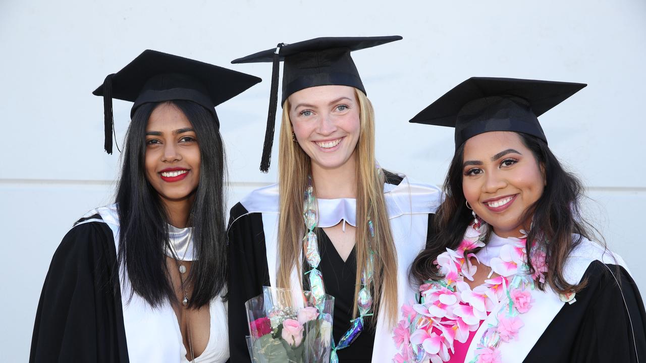 Griffith business school graduation at Gold Coast Convention Centre. Shreya, Camilla and Annamae. Picture Glenn Hampson