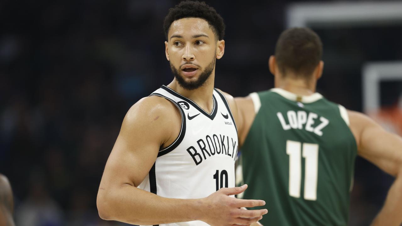 MILWAUKEE, WISCONSIN - OCTOBER 26: Ben Simmons #10 of the Brooklyn Nets reacts after being called for a technical foul during the first half of the game against the Brooklyn Nets at Fiserv Forum on October 26, 2022 in Milwaukee, Wisconsin. NOTE TO USER: User expressly acknowledges and agrees that, by downloading and or using this photograph, User is consenting to the terms and conditions of the Getty Images License Agreement. John Fisher/Getty Images/AFP