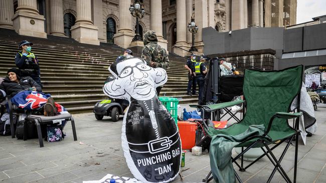 The inflatable Daniel Andrews doll on the steps of parliament on Wednesday. Picture: Jake Nowakowski