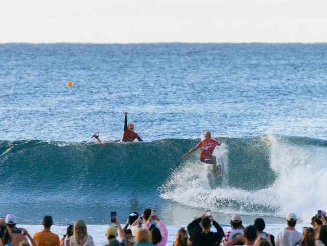GOLD COAST, QUEENSLAND, AUSTRALIA - APRIL 27: Eight-time WSL Champion Stephanie Gilmore of Australia and Eleven-time WSL Champion Kelly Slater of the United States surf in the Snapper World Champs Heat at the Bonsoy Gold Coast Pro on April 27, 2024 at Gold Coast, Queensland, Australia. (Photo by Cait Miers/World Surf League)