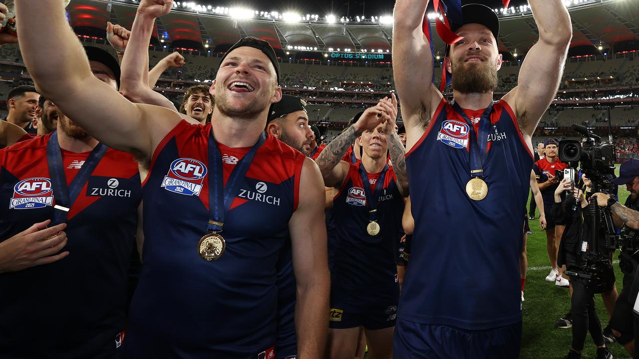 Max Gawn and Steven May of the Demons lead the team off Optus Stadium. Picture: Michael Klein