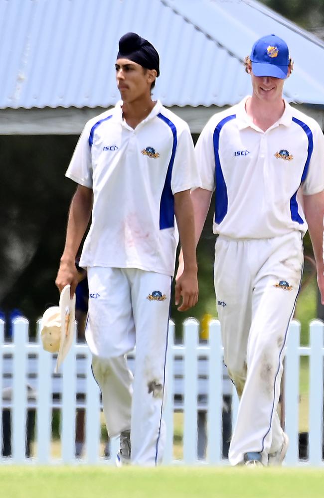 Lakshdeep Singh, left, during a match in first grade for Sandgate-Redcliffe. Picture, John Gass