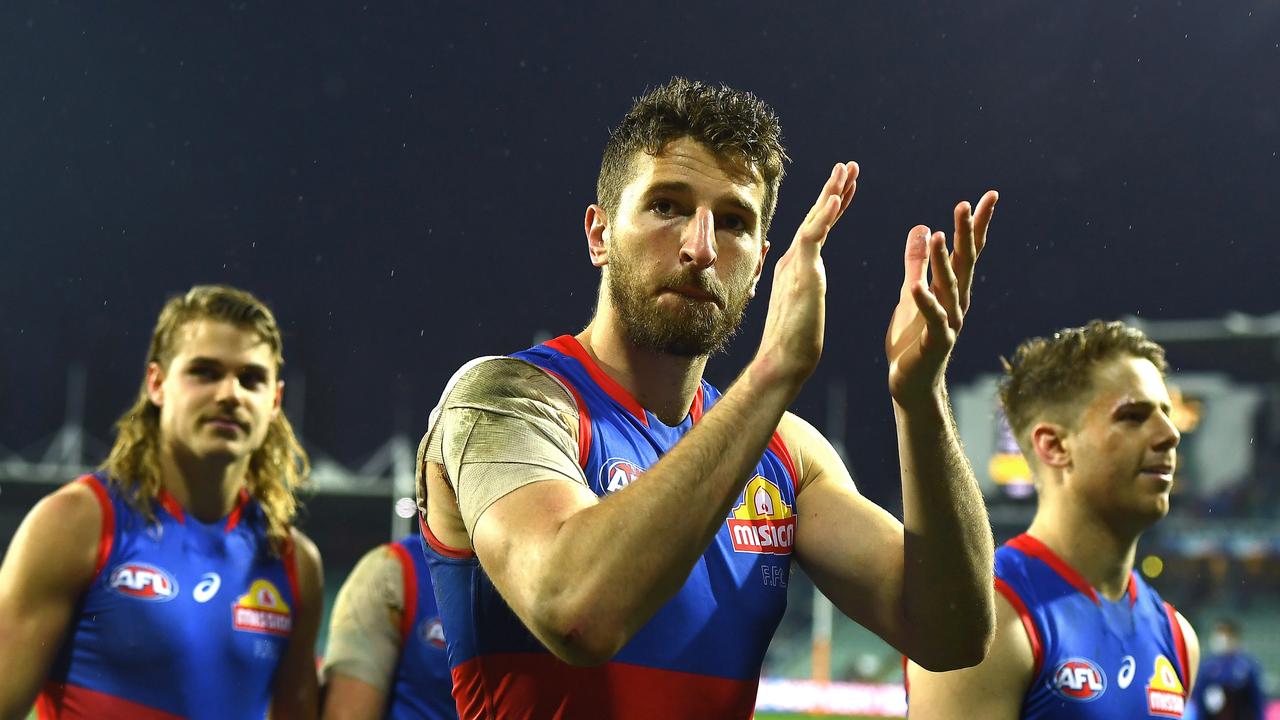 Marcus Bontempelli claps off the Tasmanian fans after securing the Elimination Final win in Launceston. Picture: Getty Images.