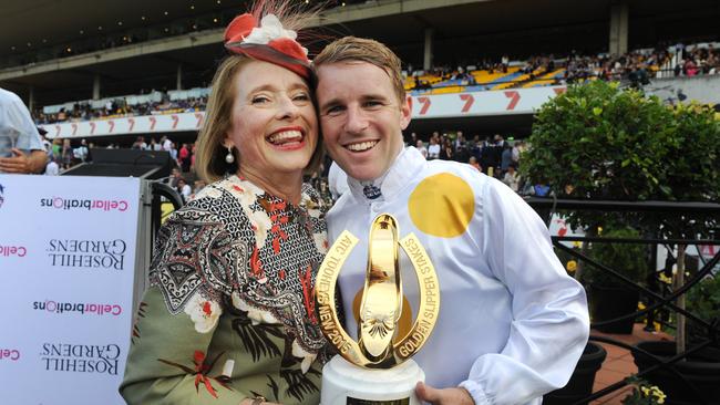 Gai Waterhouse celebrates her 2015 Golden Slipper victory with Vancouver’s jockey Tommy Berry. Picture: File