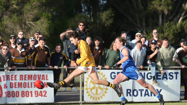 Drysdale's Jake Hargreaves kicks the sealer at Grinter Reserve. Barwon Heads v Drysdale. Picture: Alan Barber