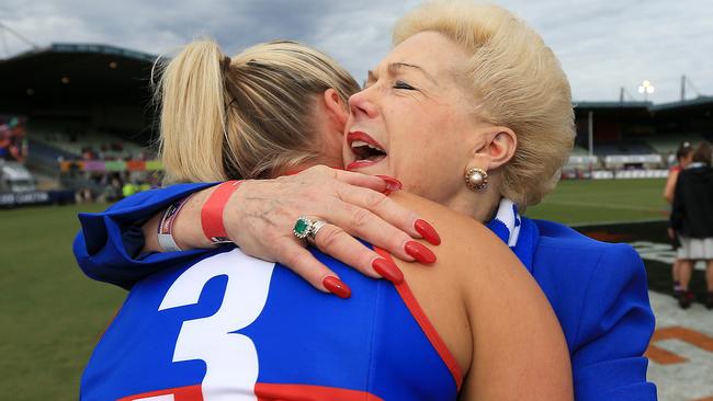 Susan Alberti and Kate Brennan celebrate their AFLW Grand Final win. Picture: Mark Stewart