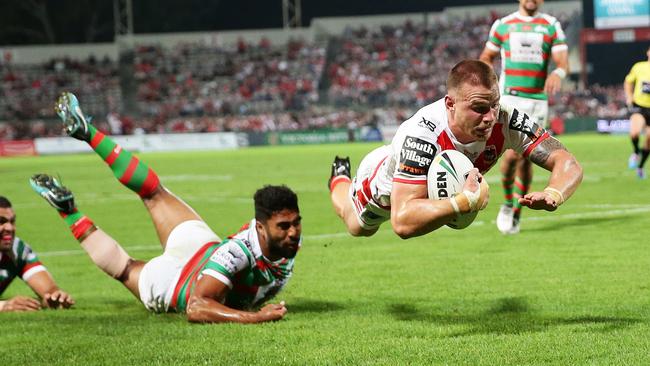 St George's Euan Aitken scores a try during the St George v South Sydney rugby league match at Jubilee Oval, Kogarah. Picture: Brett Costello