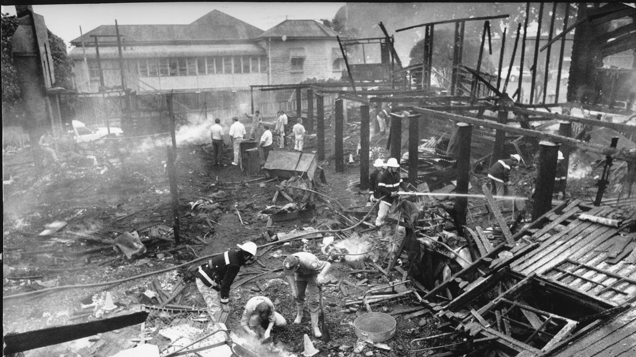 The remnants of the Ipswich hostel after the December 1990 blaze. Picture: Geoff McLachlan