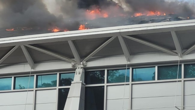The solar panels at Sydney Olympic Park Aquatic Centre went up in flames on Monday. Picture: Supplied