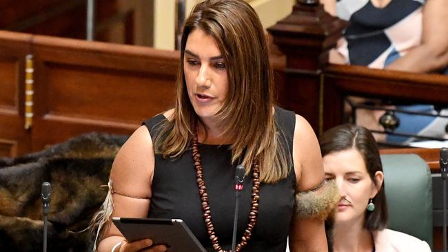 Lidia Thorpe, The first Aboriginal woman MP and Greens member for Northcote, makes her maiden speech in Parliament in Melbourne, Wednesday, November 29, 2017. (AAP Image/Joe Castro) NO ARCHIVING