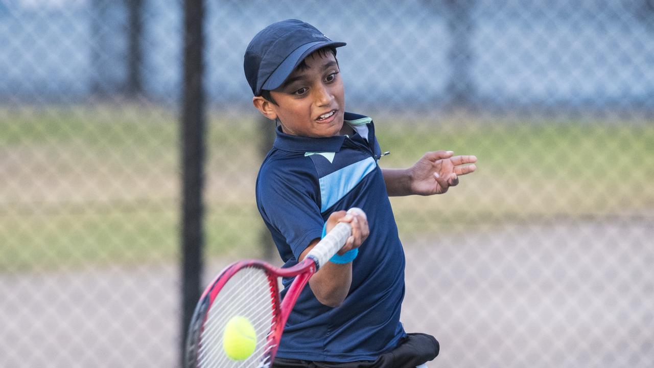 Samarth Patel competes in an under-12 boys quarter final against Cody Atkinson in the Rafa Nadal Tour at the Toowoomba Regional Tennis Centre, Sunday, May 2, 2021. Picture: Kevin Farmer