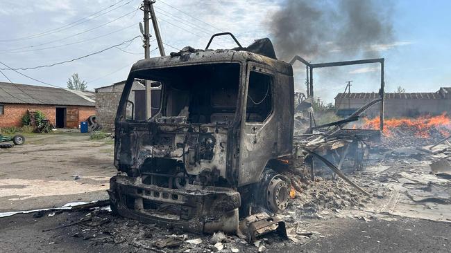 The burnt-out remains of a truck. Picture: National Police of Ukraine via AFP