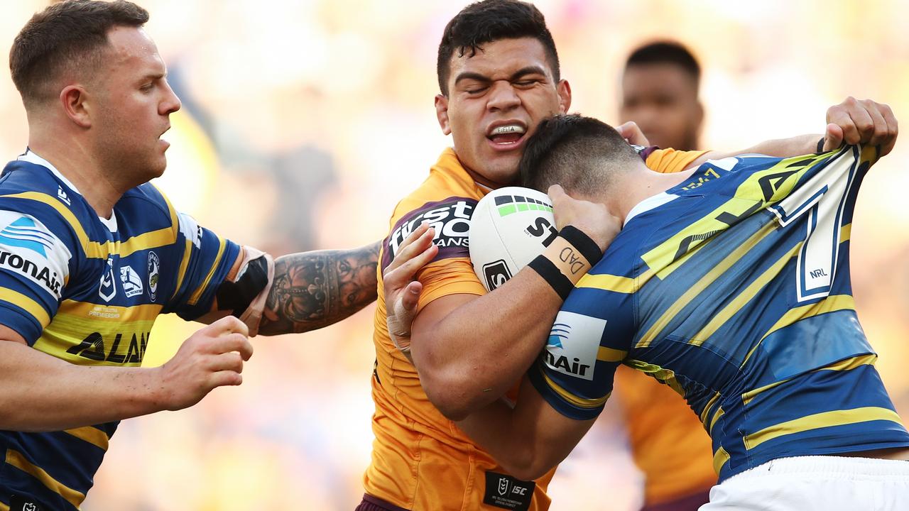 David Fifita of the Broncos is tackled by the Eels defence