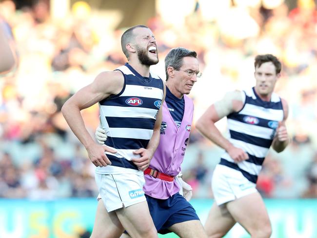 Sam Menegola after suffering his shoulder injury in Round 1. Picture: Getty Images