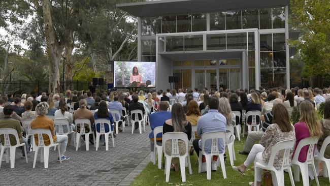 Mourners outside the chapel at the funeral service of ‘Ivy’ Hughes. Picture: NCA NewsWire / Naomi Jellicoe