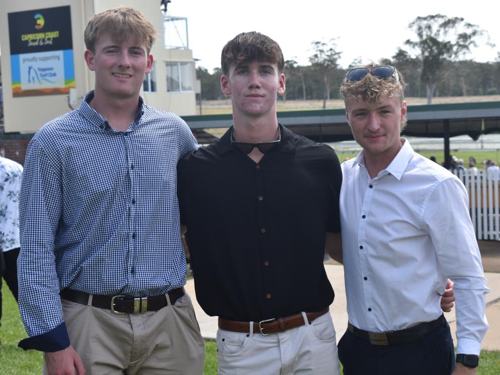 Jack Duggan, Sam Armstrong and Jett Langham at the Yeppoon Turf Club's Derby Day races at Keppel Park Racecourse on November 2, 2024.