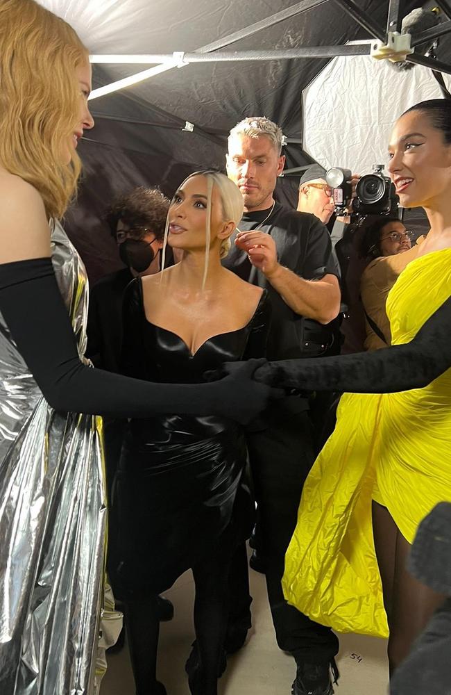 Nicole Kidman backstage with Kim Kardashian and Dua Lipa at the Balenciaga show in Paris. Picture: Instagram