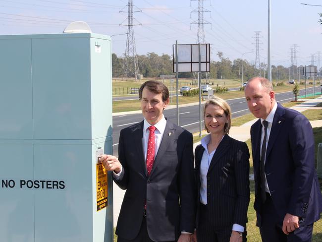 AUGUST 2017: Mayor Graham Quirk, Cr Amanda Cooper (Bracken Ridge) and Member for Petrie Luke Howarth met at the corner of Telegraph Rd and Mustang St to switch on the newly installed traffic lights at the completion of stage 1B of the Telegraph Road corridor upgrade. Picture: Jacqueline Henry