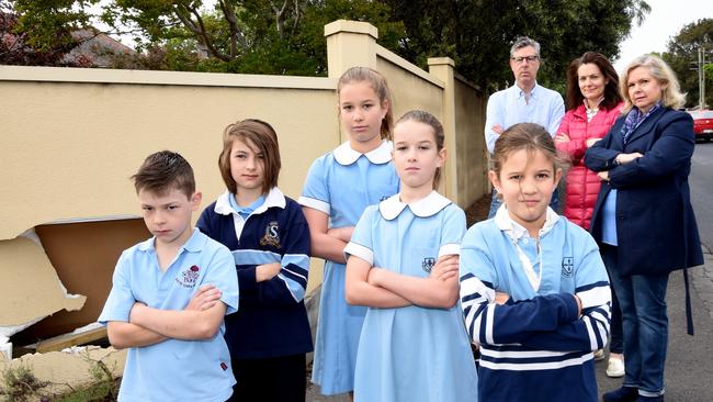 Punt Rd residents Romain, 8, Claudia, 11, Alice, 11, Holly, 10, Ruby, 6, and Marc and Kate Corley and Susie Warwick. Picture: Nicole Garmston