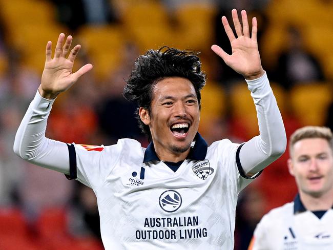 Hiroshi Ibusuki celebrates a goal during his time with Adelaide United. Picture: Bradley Kanaris/Getty Images