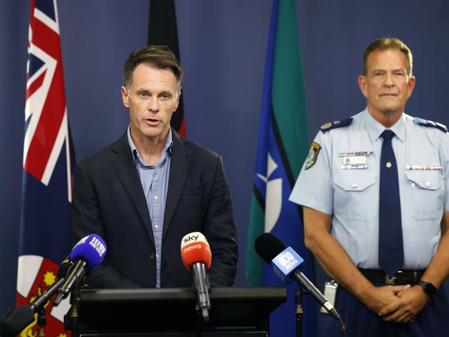 DAILY TELEGRAPH 29TH JANUARY 2025Pictured at the media room of Parliament offices in Martin Place Sydney is NSW Premier Chris Minns and Deputy Police Comissioner David Hudson , addressing the media in relation to a terror related incident / police raid a property in Dural last week.Picture: Richard Dobson