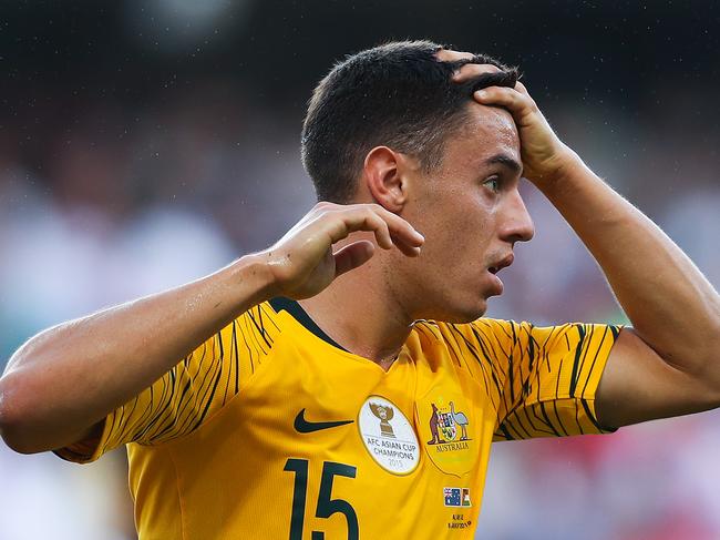 AL AIN, UNITED ARAB EMIRATES - JANUARY 06: Chris Ikonomidis of Australia reacts during the AFC Asian Cup Group B match between Australia and Jordan at Hazza Bin Zayed Stadium on January 06, 2019 in Al Ain, United Arab Emirates. (Photo by Francois Nel/Getty Images)