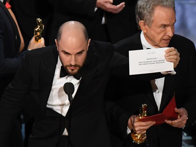 <i>La La Land </i>producer Jordan Horowitz shows the card reading <i>Moonlight</i> as the rightful Best Film. Picture: AFP/Mark Ralston